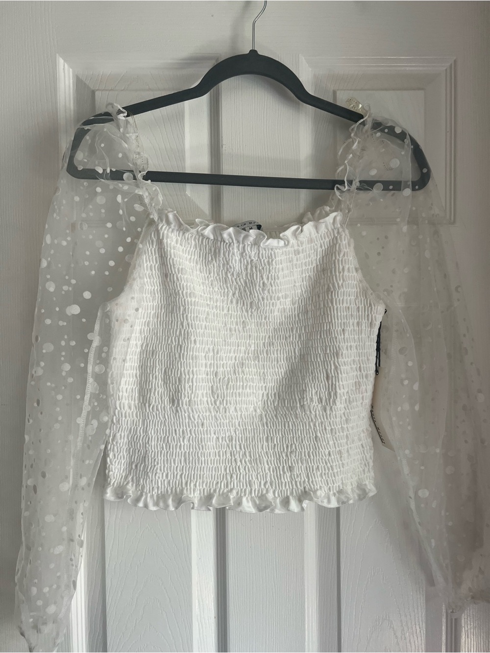 Haute Monde White Smocked Crop Top with Polka Dot Sheer Sleeves
